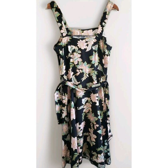 Who What Wear Linen Dress Womens Medium Black Pink Floral Square Neck NWT - Picture 5 of 8
